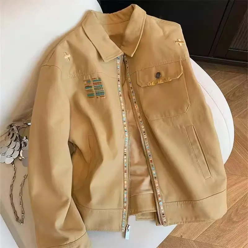 

Spring Autumn Men Denim Coat New Embroidery Turn Down Collar Male Cargo Jacket Long Sleeve Pocket Zipper Loose Man Outerwear