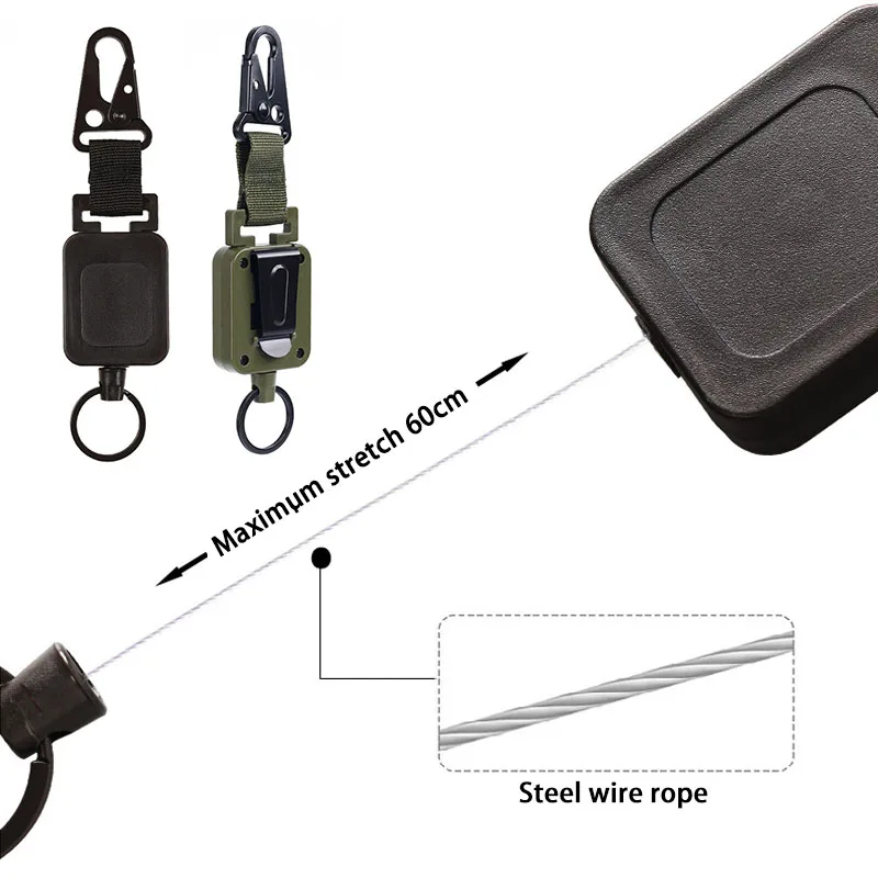 High Quality 60cm Steel Wire Retractable Chain Key Holder Multi-purpose Molle Backpack Hooks Outdoor Hiking Climbing Accessories