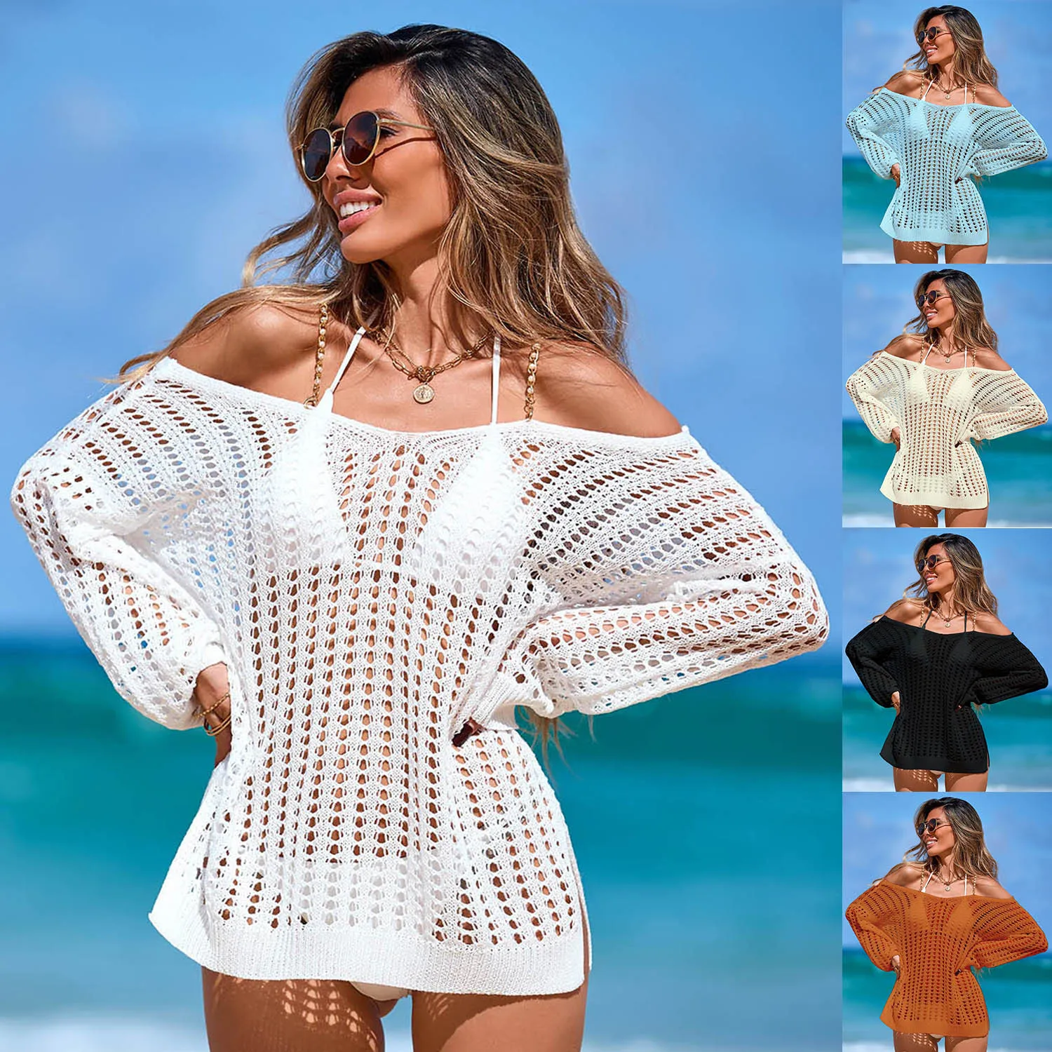 Pure Color Knitted Bikini Cover Ups Skirts V-Neck Sexy Hollow Out Summer Beach Dresses Female Beachwear Vest Short Skirts