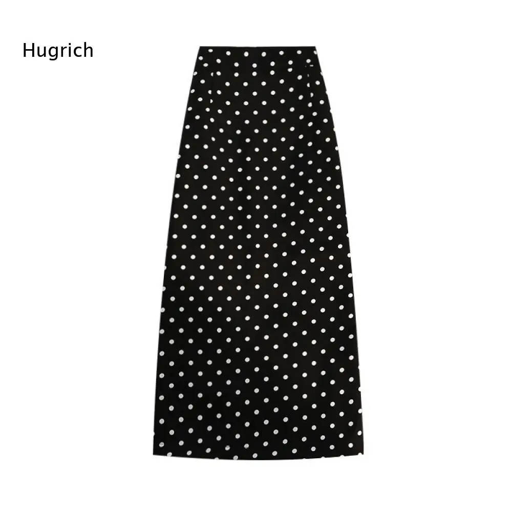 Classic Polka Dot Long Midi Skirt Women High Waist A Line Cut Back Slit Detail Elegant Casual Skirt For Going Out Wear