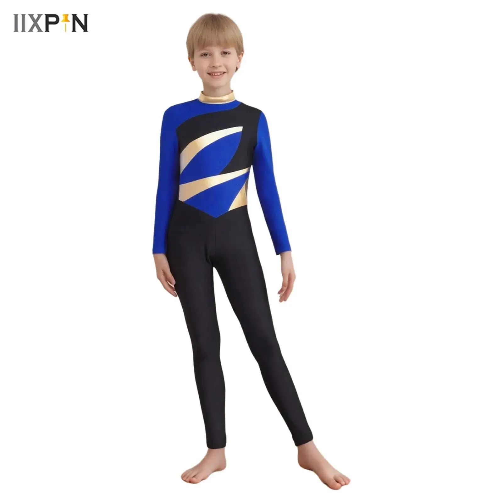 

Boys Color Block Gymnastics Jumpsuit Metallic Mock Neck Long Sleeve Bodysuit for Dance Figure Skating Performance Competition