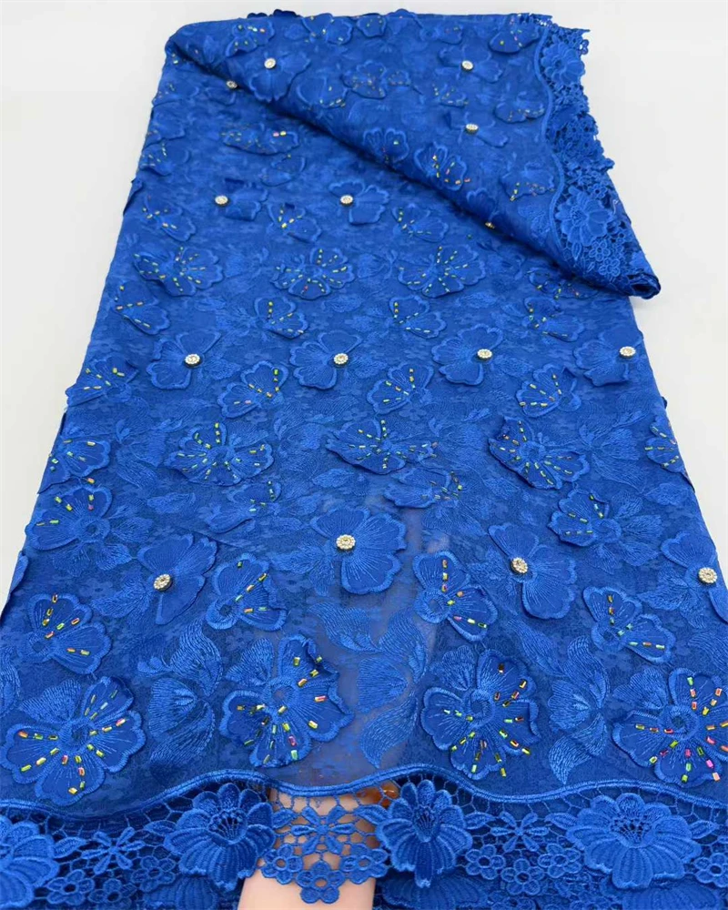 Luxury African Guipure Cord Lace Fabric with Nigerian Stones Water Soluble High Quality Women's Dress Sewing Material
