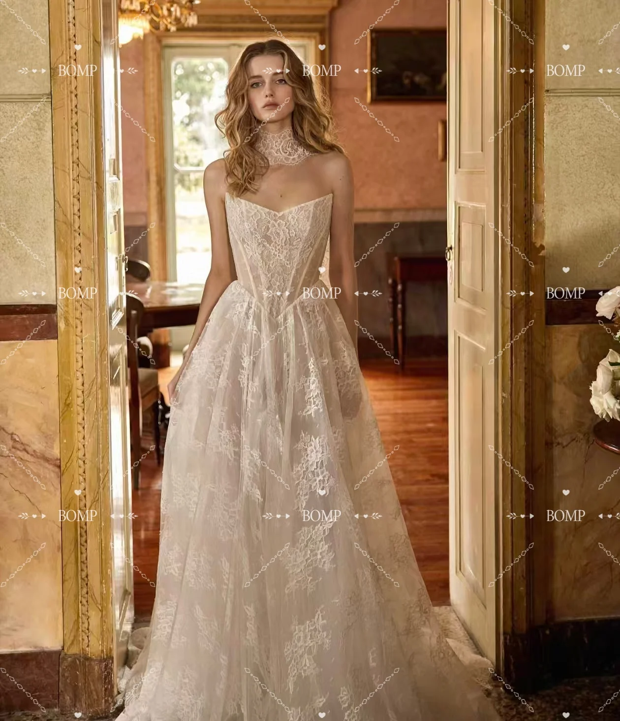 BOMP الأميرة الدانتيل فستان الزفاف الحبيب ثنيات سويب تراين مع وشاح الحجاب امرأة فستان زفاف مخصص Vestido de novia #2