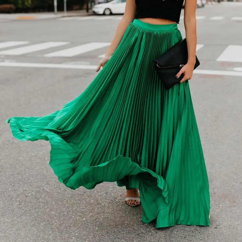 Elastic High Waist Pleated Skirt Women Solid Color Large Hem A-Line Long Skirt Work Leisure Skirt Streetwear