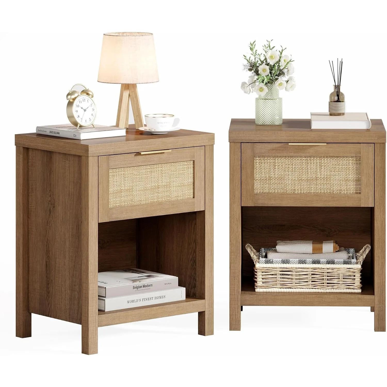 Rattan Nightstand Set 2 with Drawer and Storage Shelf | Boho End Table Farmhouse Cane Accent Bedside Night Stands for Bedroom Small Space Sofa (2, Caramel Oak)