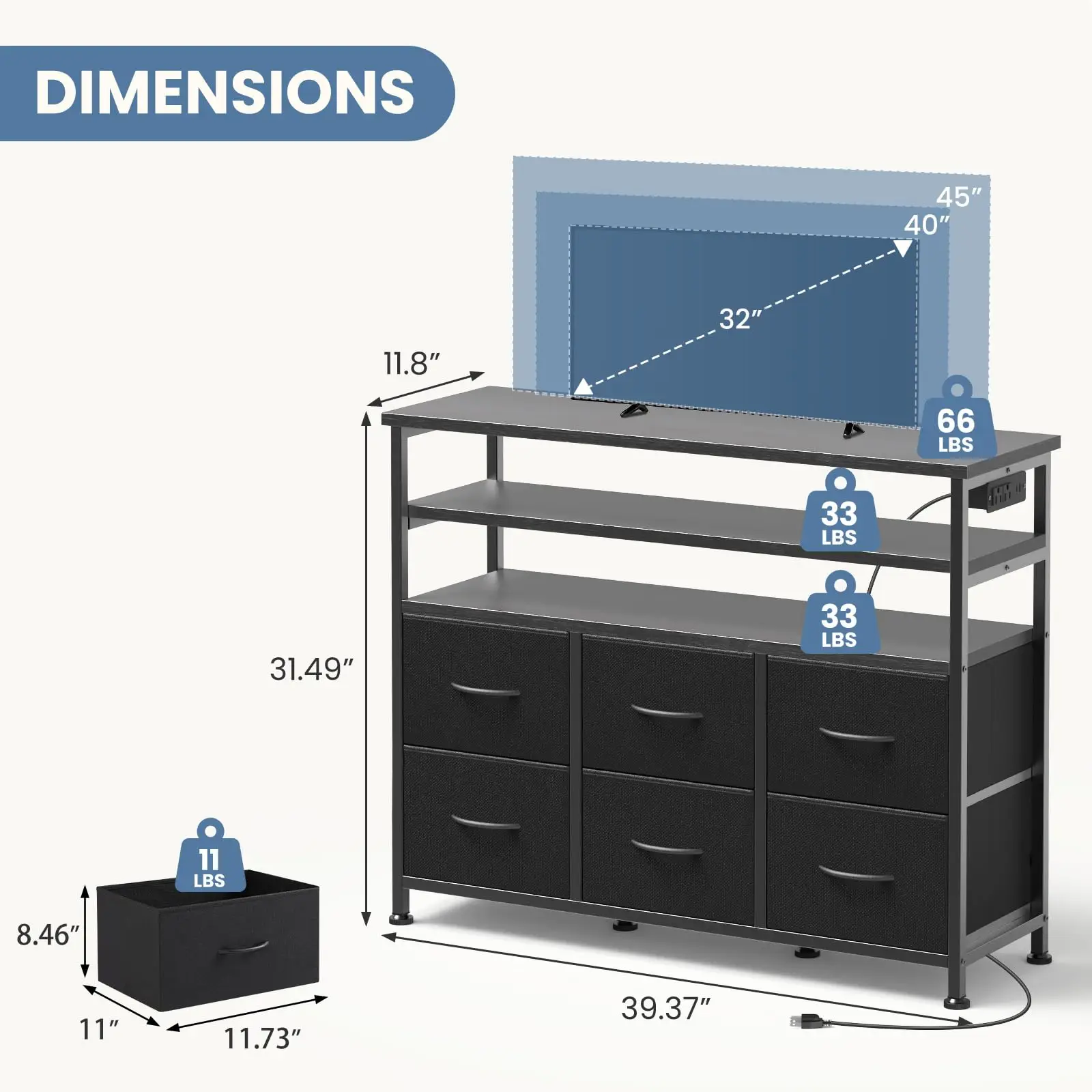 Fabric Storage Drawers Details on Compact Muji Style Media Unit