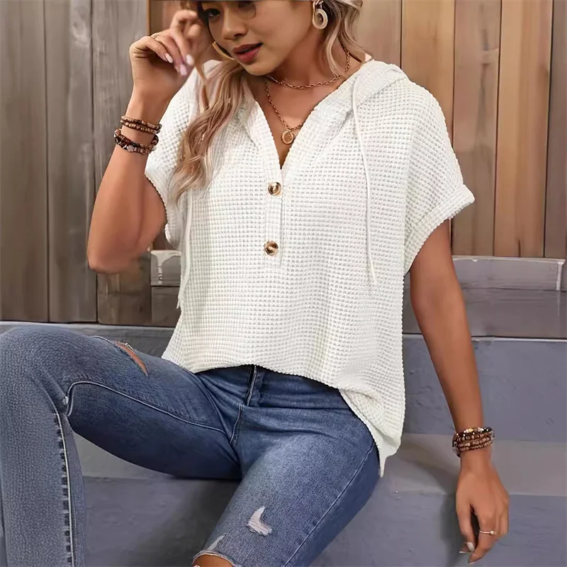 

Spring and summer new dress blouse pure color button fashion short-sleeved women