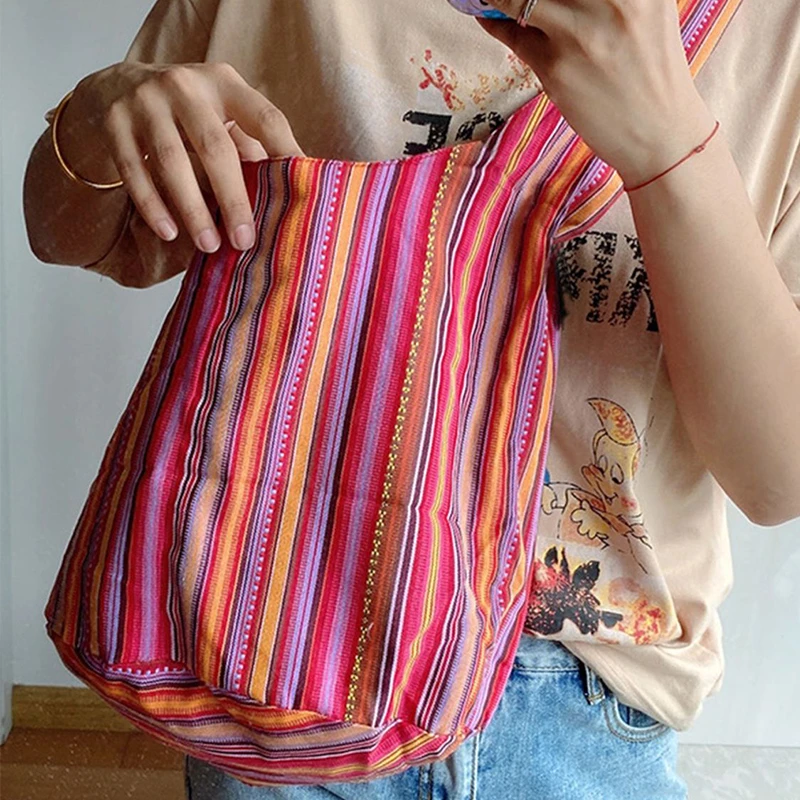 Vintage Bohemian Chic Canvas Shoulder Bag Ethnic Style Large Capacity Handbag Soft Tote Bag Casual Crossbody Bag Female Daily