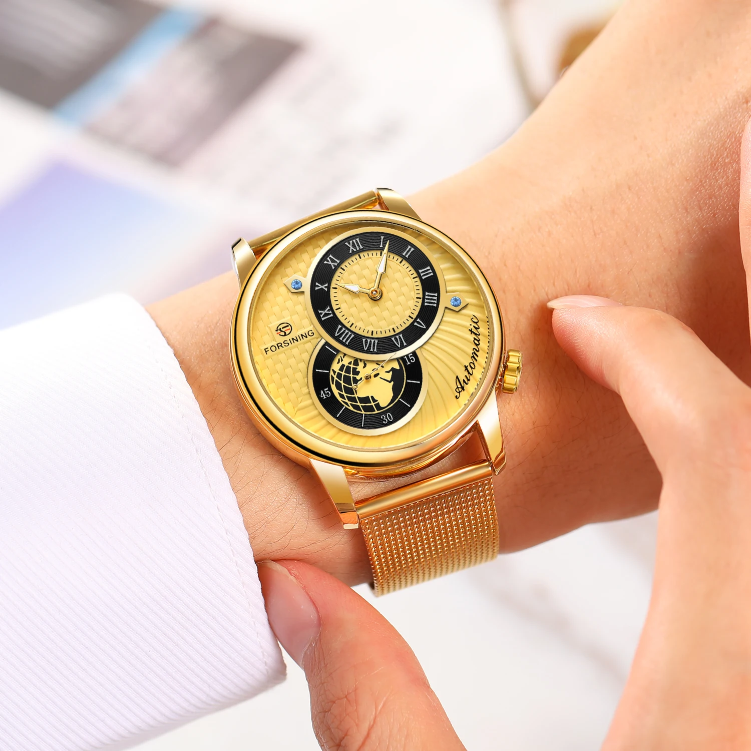 

FORSINING модные механические часы с автоматическим заводом, светящиеся стрелки, дополнительные циферблаты, роскошный металлический ремешок для мужчин и женщин, подарок