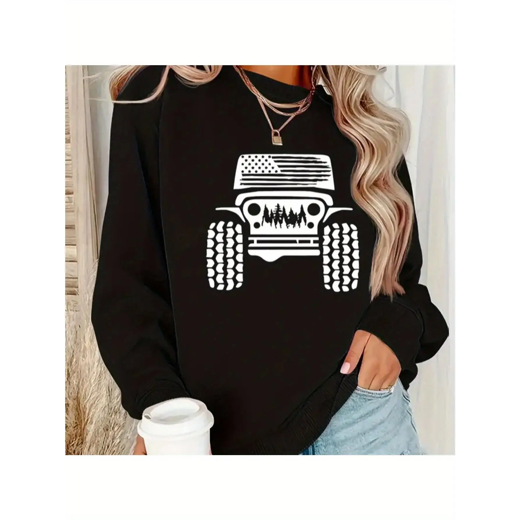 

Women American Flag Jeep Sweatshirt Vintage Graphic Crewneck Pullover Patriotic Y2K Casual Loose Tops