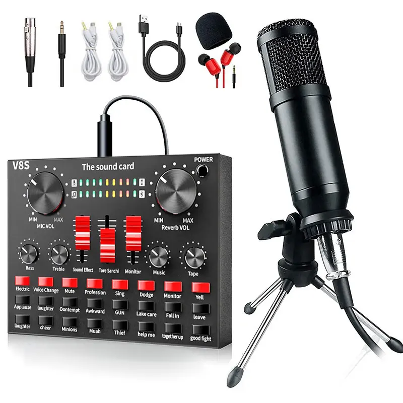 

Home Studio BM800 Microphone Condenser Wired Audio mixer V8 Sound Card Voice Changer BM 800 PC Table Podcast Equipment Full Set