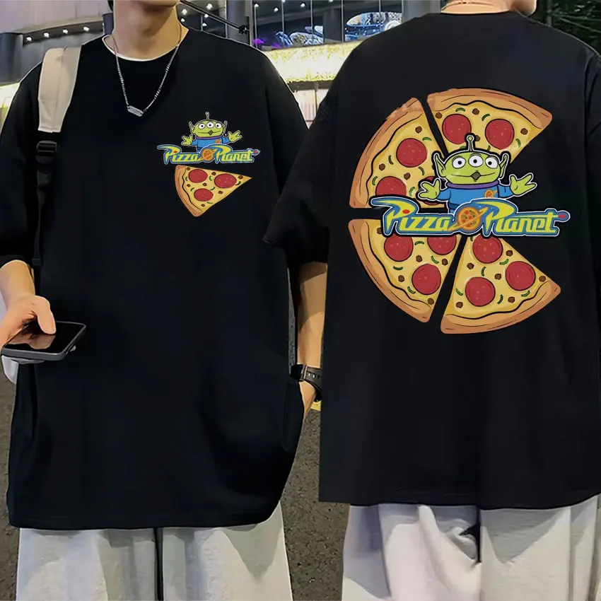 Divertente Pizza Planet Double Sided Print T-Shirt uomo donna Fashion Cartoon Harajuku magliette Casual Cotton oversize Street T Shirt