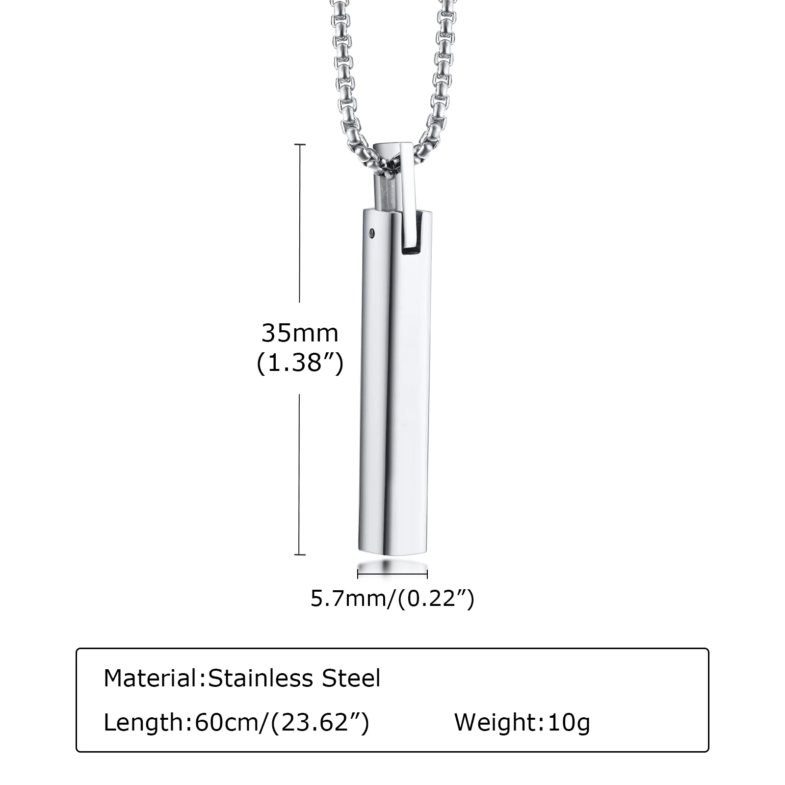 Vnox Men Necklaces, 3D Vertical Bar Pendant with Box Chain, Simple Classic Geometric Stainless Steel Male Collar Jewelry