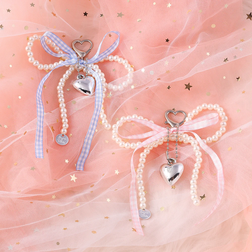 Aihua Y2K Gitterband-Schleife Perlen-Schlüsselanhänger Herz-Charm Schlüsselanhänger Taschenanhänger Eleganter Schmuck Geschenke – Detail 3
