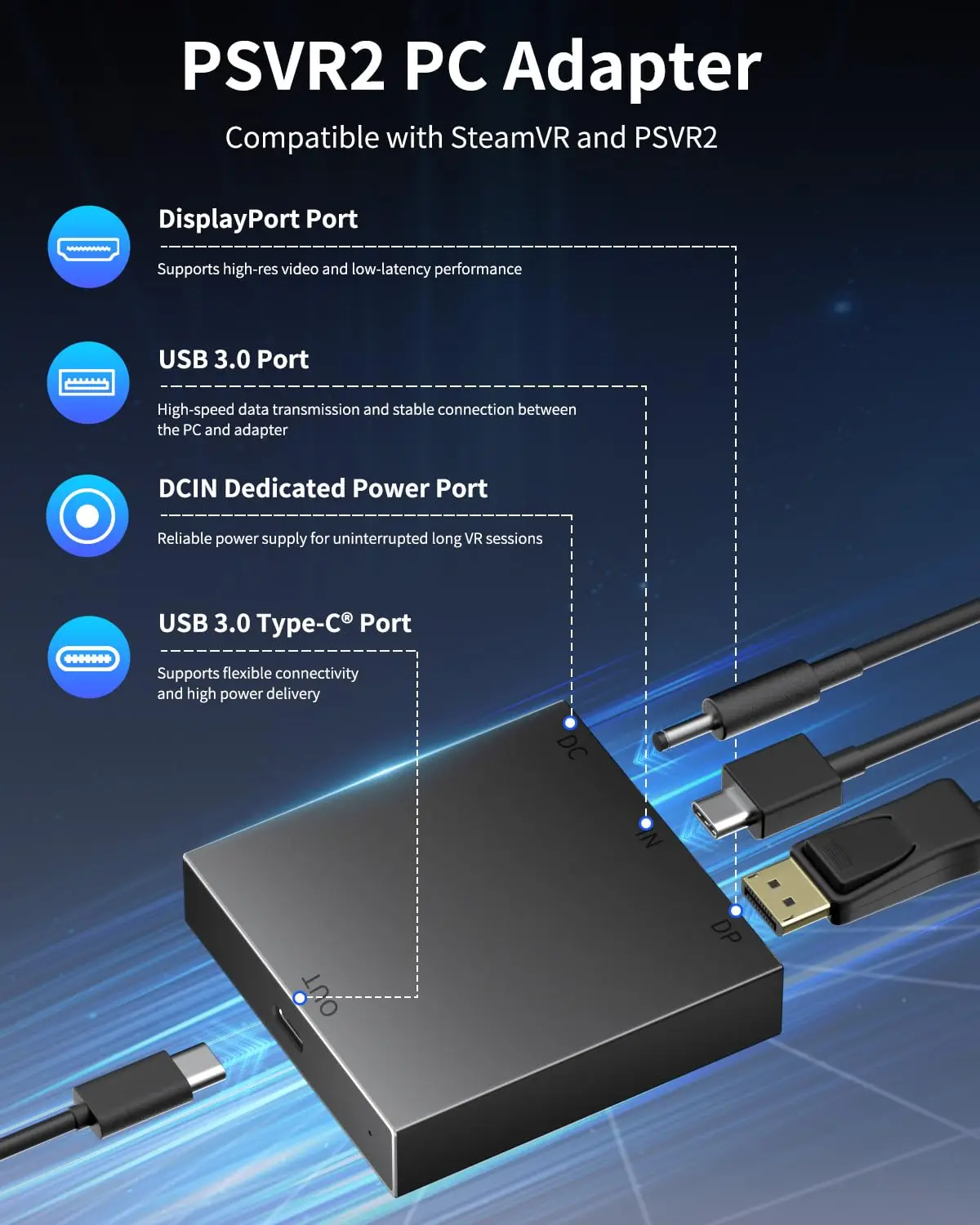 لمحول PS VR2 المتوافق مع مجموعة الطاقة وكابل DisplayPort، توسيع مكتبة ألعاب PS VR2 لتشغيل الألعاب على جهاز الكمبيوتر