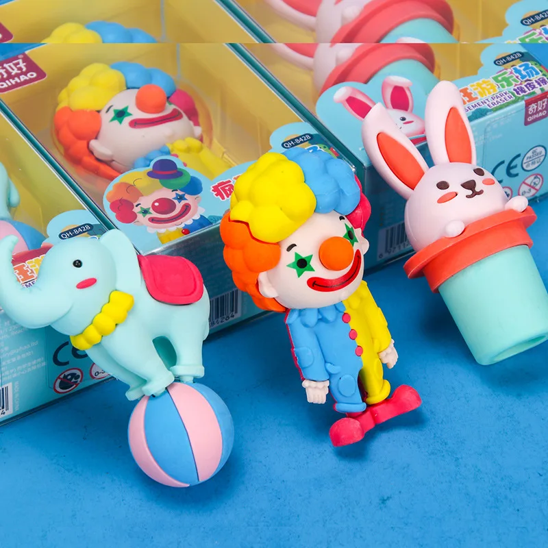 1card Eraser Zoo Cartoon Character Three-Dimensional Boxed Eraser Clown Magic Rabbit Acrobatic Elephant Eraser