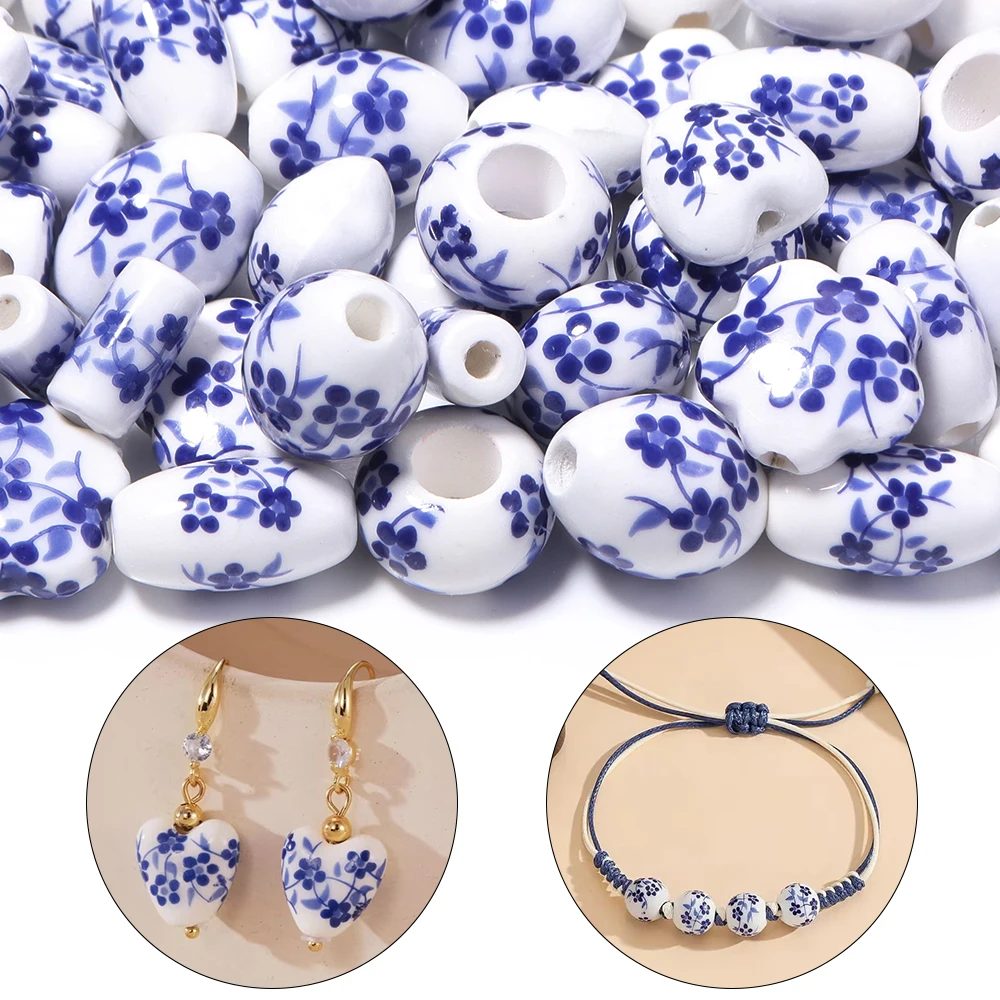 10pcs Flower Ceramic Beads Blue Porcelain Loose Spacer Plum Blossom FLower Beads For Jewelry Making DIY Bracelets Necklace