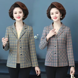 Mother Plaid Suit Coat 2023 New Spring Autumn Lined Outwear Middle Aged Elderly Women's Lattice Blazer Casual Short Jacket 5XL