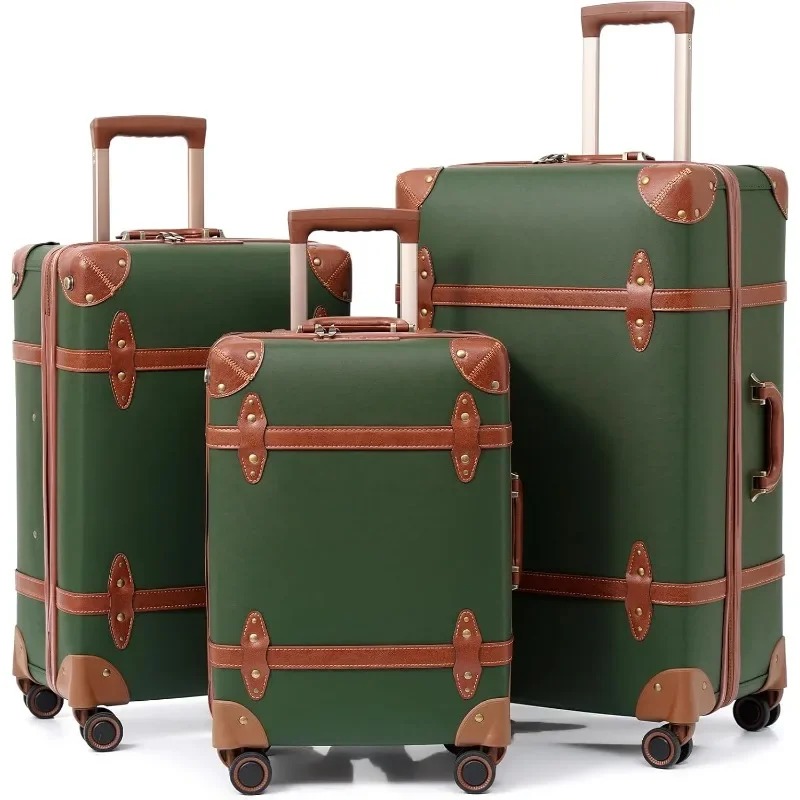 NZBZ Vintage Luggage Sets for Women, PU Leather Retro Suitcase, Vintage Trunk Luggage 3 Pieces, Vintage Suitcase Set