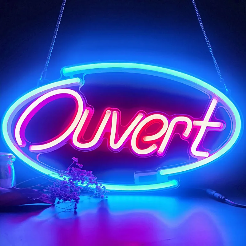 Overt French Open Neon Light Open Sign in French Color Changing Open Neon Multicolour Style Open LED Neon Sign for Business Use