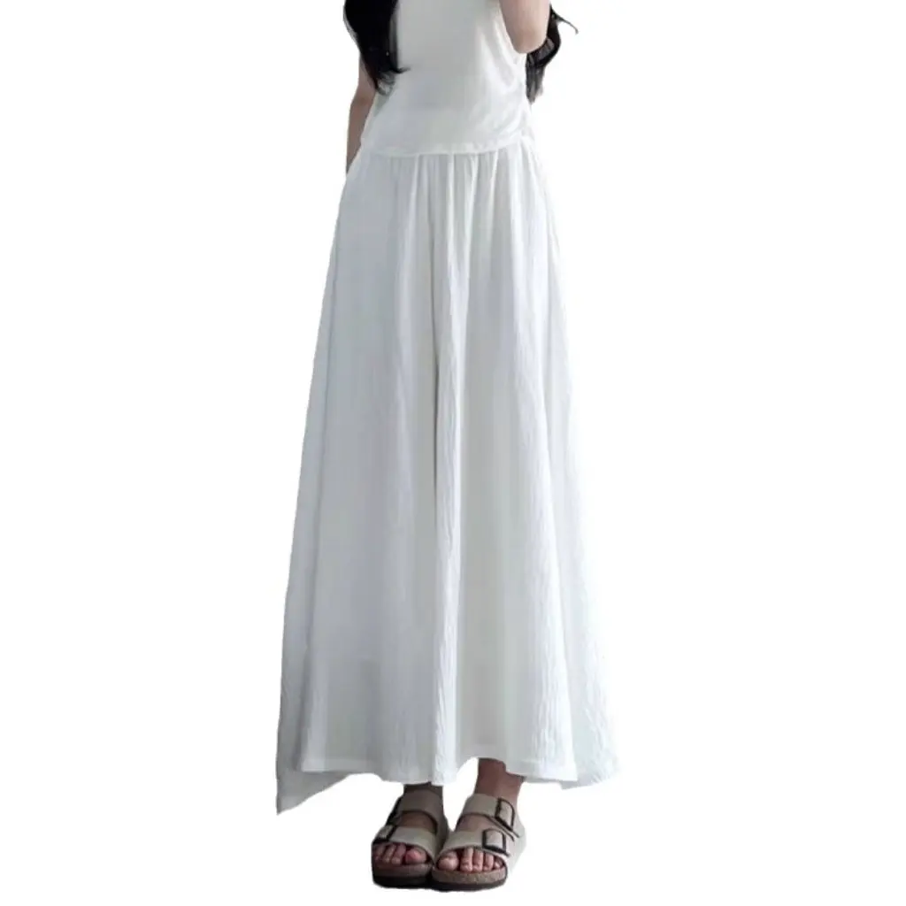 Women's High Waist Pleated Skirt Ice Silk Beige White Thin Summer A-Line Mid-Length Swing Pants for Casual Wear