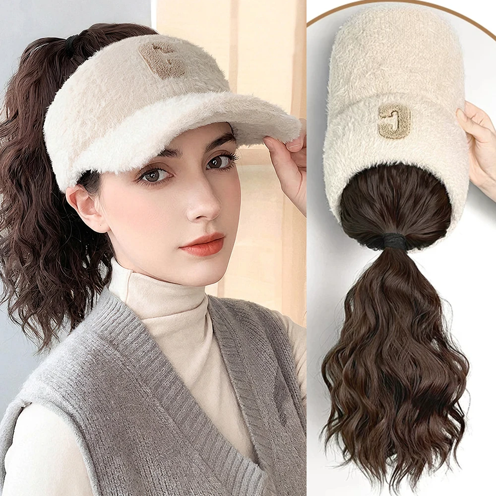 Adjustable Women’s Baseball Hat Wig with Curly Ponytail Sporty Autumn Winter Synthetic Cap Wig Hair Extensions