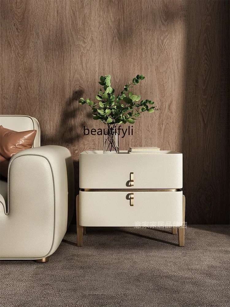 

Light Luxury Sofa Side Table High-Grade Home Living Room Small Apartment Leather Solid Wood Stone Plate Storage Locker