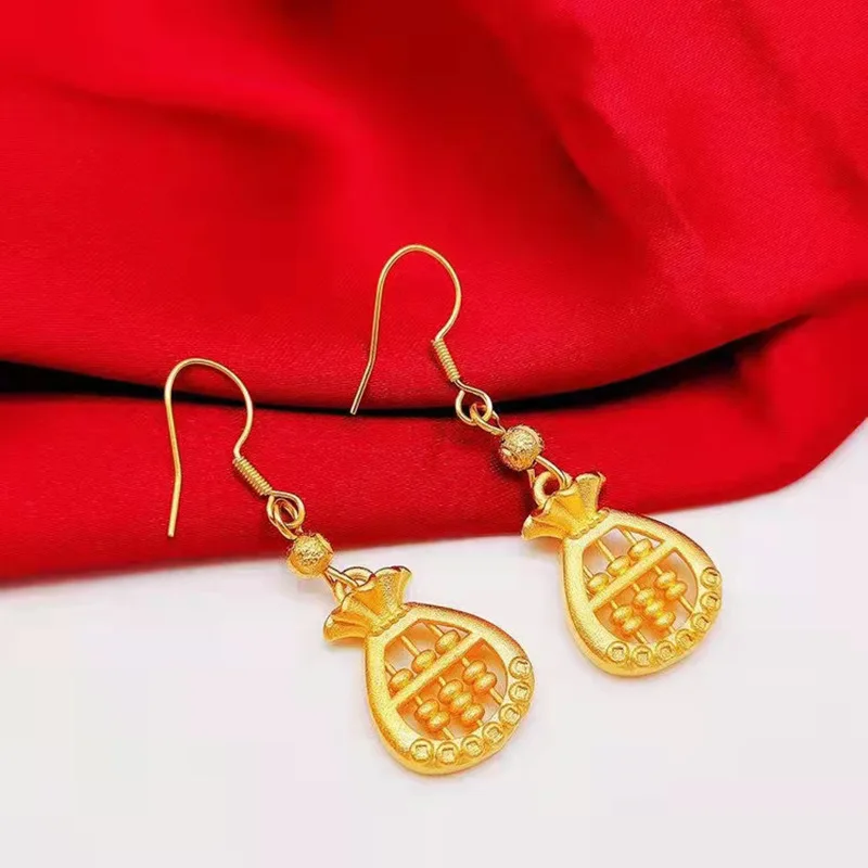 Pendientes de oro de alta calidad para mujer, aretes de Ábaco de 24K, gancho para la oreja, doble felicidad, AU750, joyería de calidad de lujo, 999