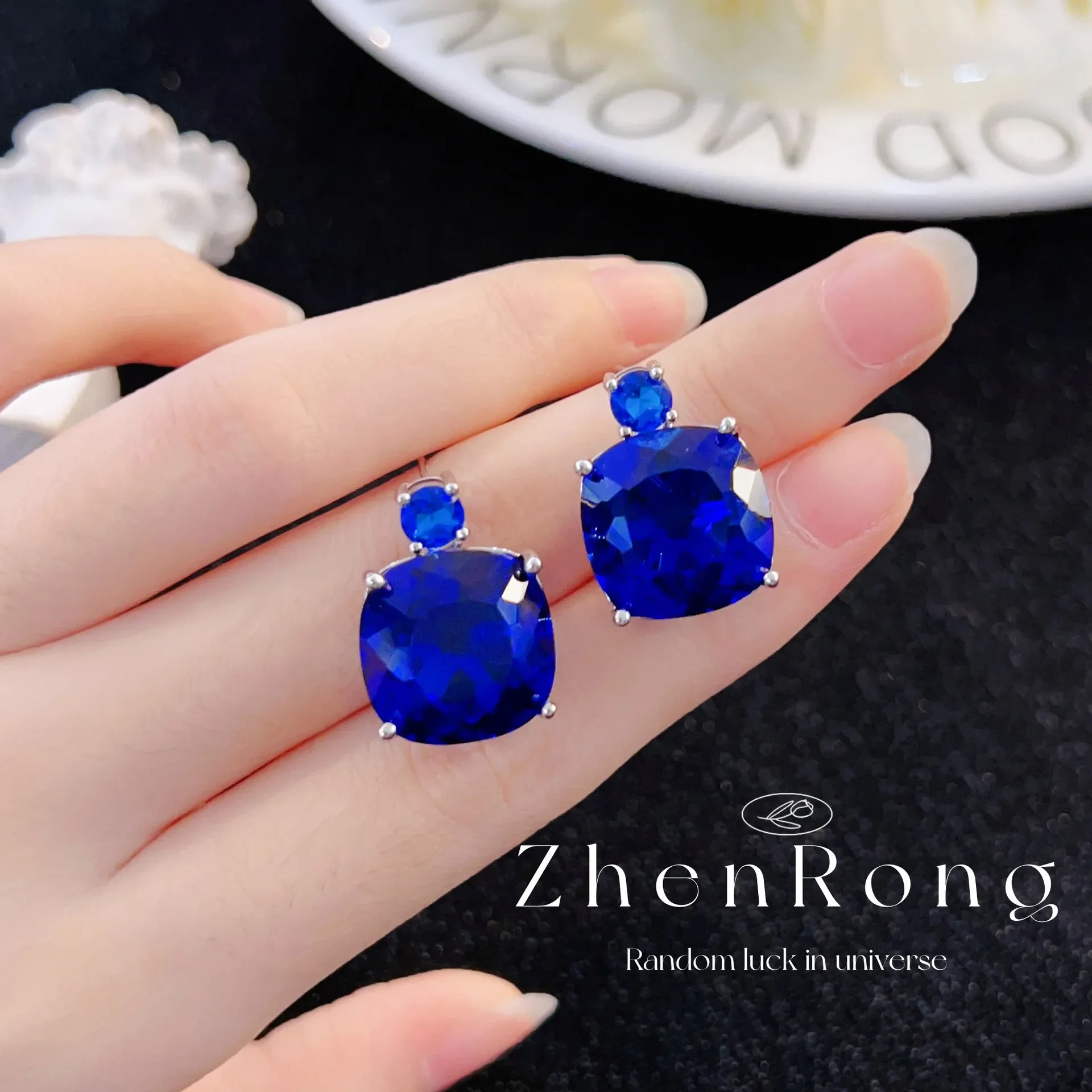 S925 Sterling Silber Halskette Ring Ohrstecker Luxus Saphir-Set Abendkleid-Ohrringe Hochzeits-Set – Detail 8