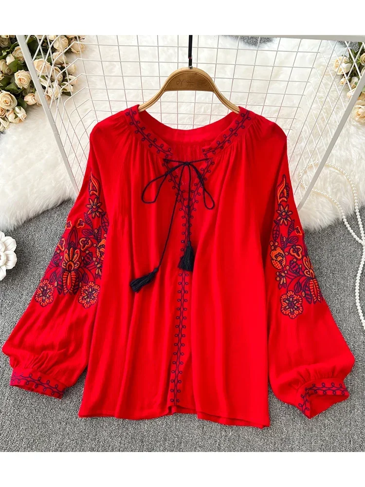 Women Spring Autumn Blouse Ethnic Retro Round Neck Embroidered Tassel Loose Tie Cotton and Linen Shirt Casual Doll Shirt D2763