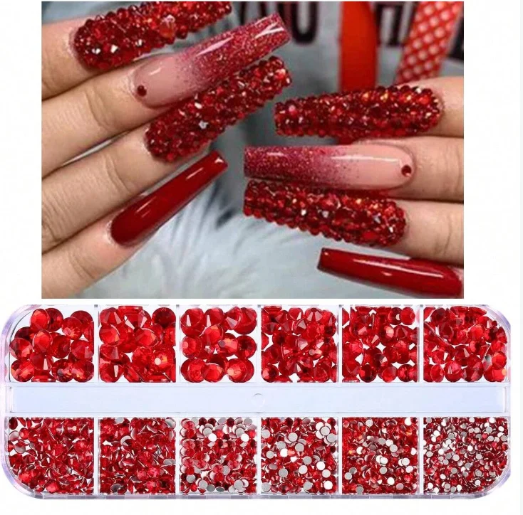 12 Grids Red Crystal Gems Rhinestone 3D Flat Bottom Transparent Glass SS4-SS16 Dazzling Diamond Nail Art decoration Face Jewelry