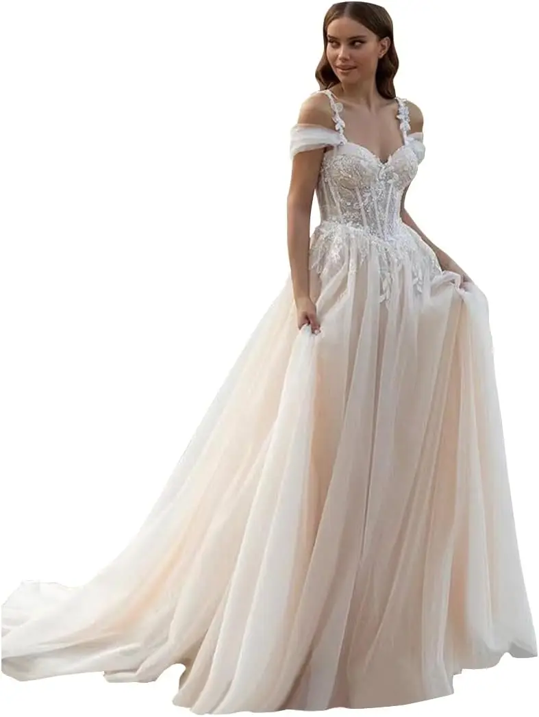 Dames Trouwjurken met Spaghettibandjes voor de Bruid Kant Applicaties Lang Sweetheart Tule Bruidsjurken Witte Eenvoudige Trouwjurk