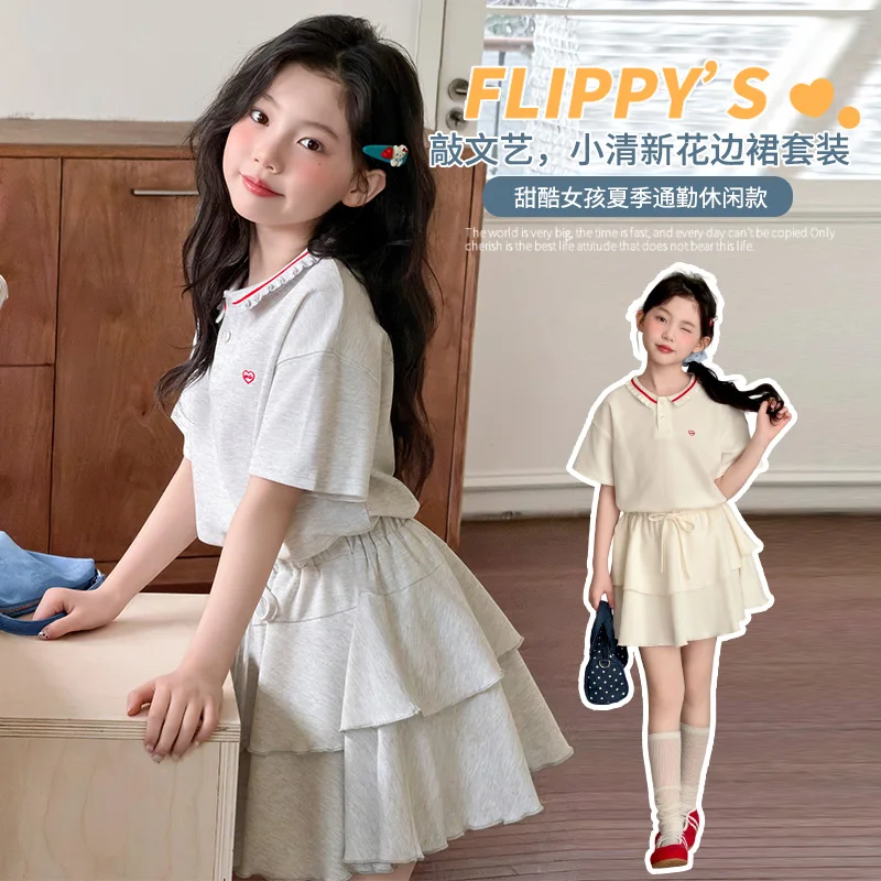 Sporty Girls 2-Pieces Clothes Dress Suit Princess Summer Short Sleeves + Skirt Set Preppy Style Princess Daily Outfit Ages 6-14Y