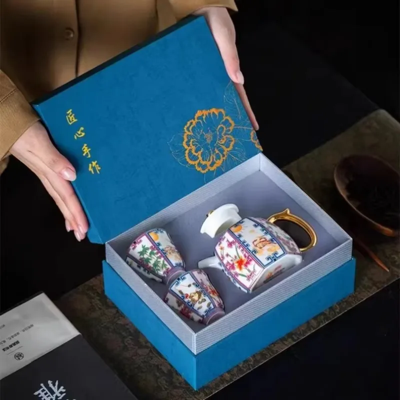DSA enamel color Bafanglai pot, one pot and two cups gift box, gold-painted tea, high-end tea pot, porcelain pot filter