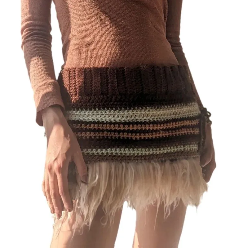 Ethnic Tribal Pastoral Color Woven Low Waist Short Skirt Nightclub Hot Girl Elastic Wool Hip Skirt Fluffy Girl Sexy Skirt
