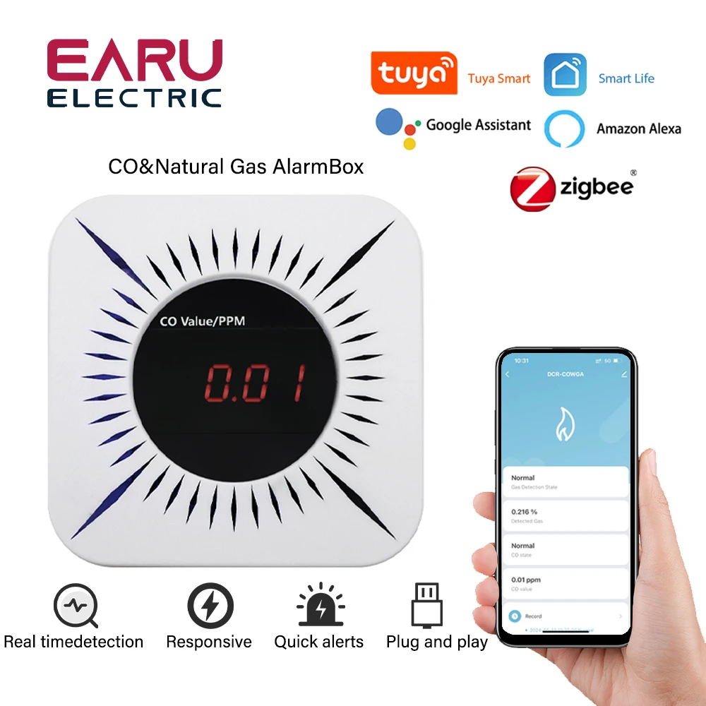 Detector de Monóxido de Carbono com Automação, Tuya, WiFi, ZigBee Air Box, Quality CO, Aplicativo Smart Life, Alexa, Google Home, Smart Life