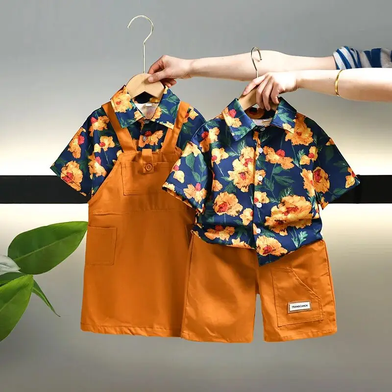 

Children's Summer Dress Set 2026 New Cool Handsome Boys and Girls Siblings Dress Shirt Strap Skirt Two Piece Set