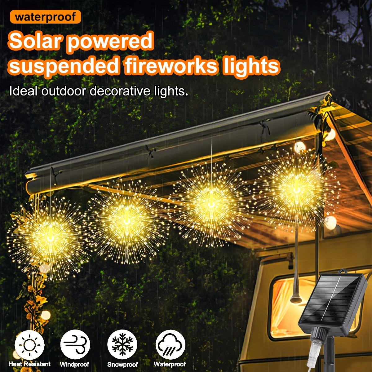 NEW Solar Powered Fireworks String Lights 4/5Pcs Outdoor Waterproof Hanging Light 8 Lighting Modes Yard Garden Party Decoration