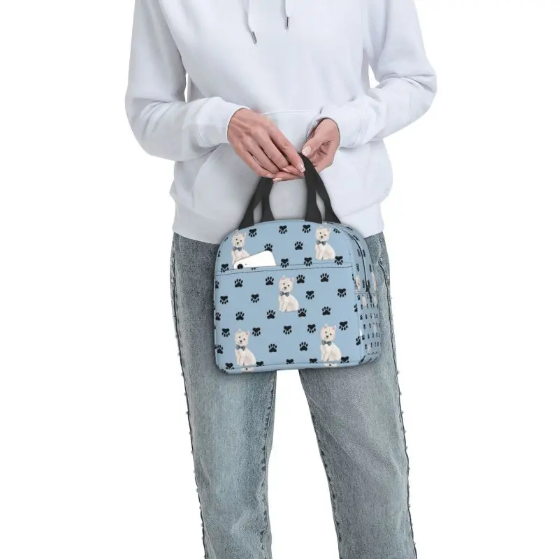 West Highland White Terrier Paw Print Pattern Insulated Lunch Tote Bag Westie Dog Thermal Cooler Food Lunch Box Kids School image 6