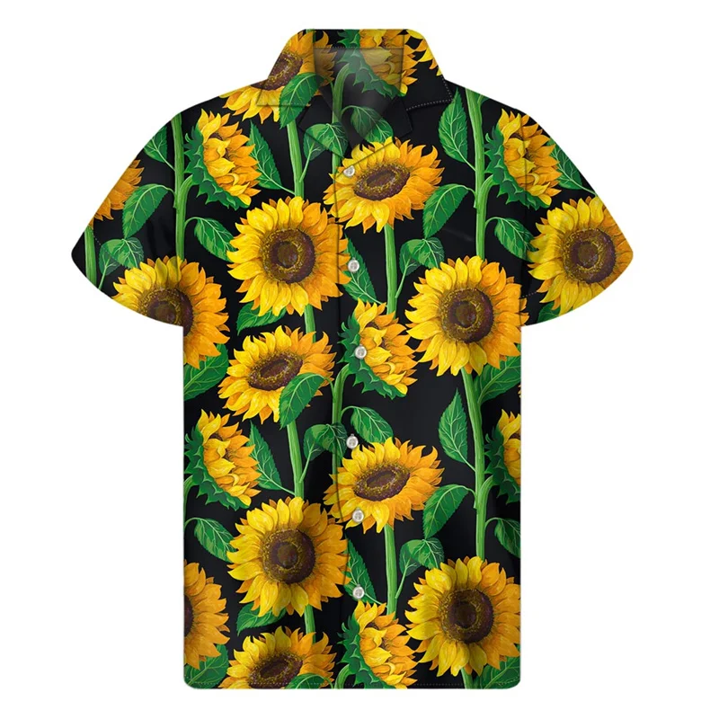 3d Plants Sunflower Print Shirt For Men Fashion Classic Short Sleeve Summer Vacation Shirts Breathable Tops Hawaiian