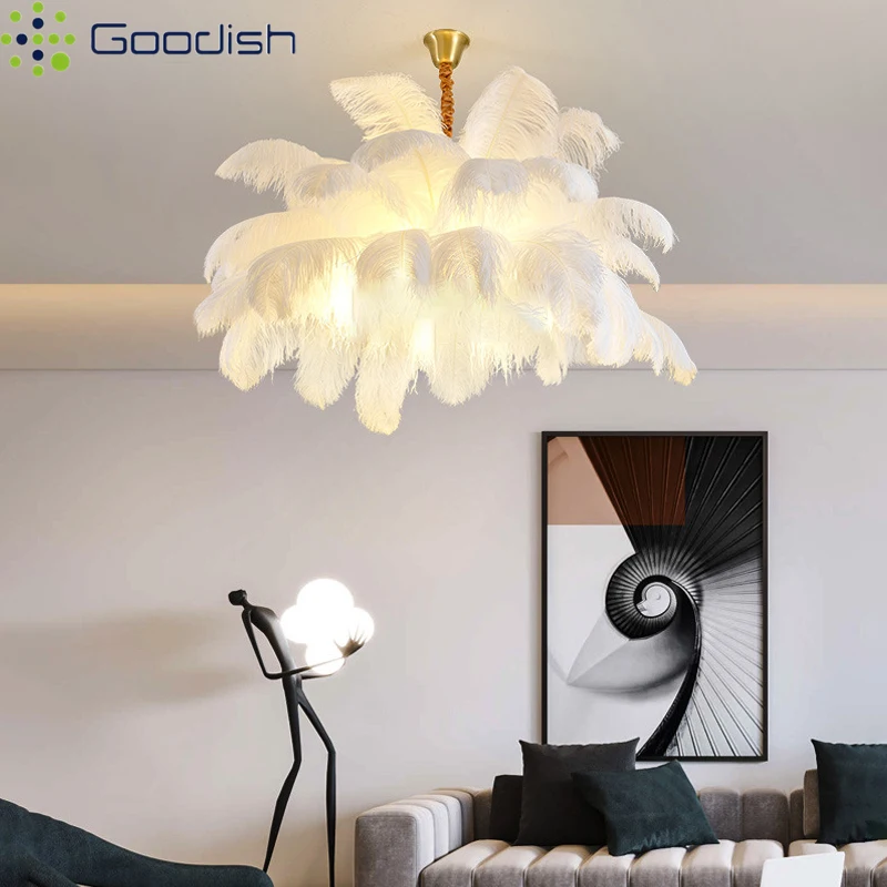 Medieval Bauhaus Nordic Ostrich Feather Coconut Tree LED Pendant Lights Lustre Lamps for Living Room Home Decoration Chandelier