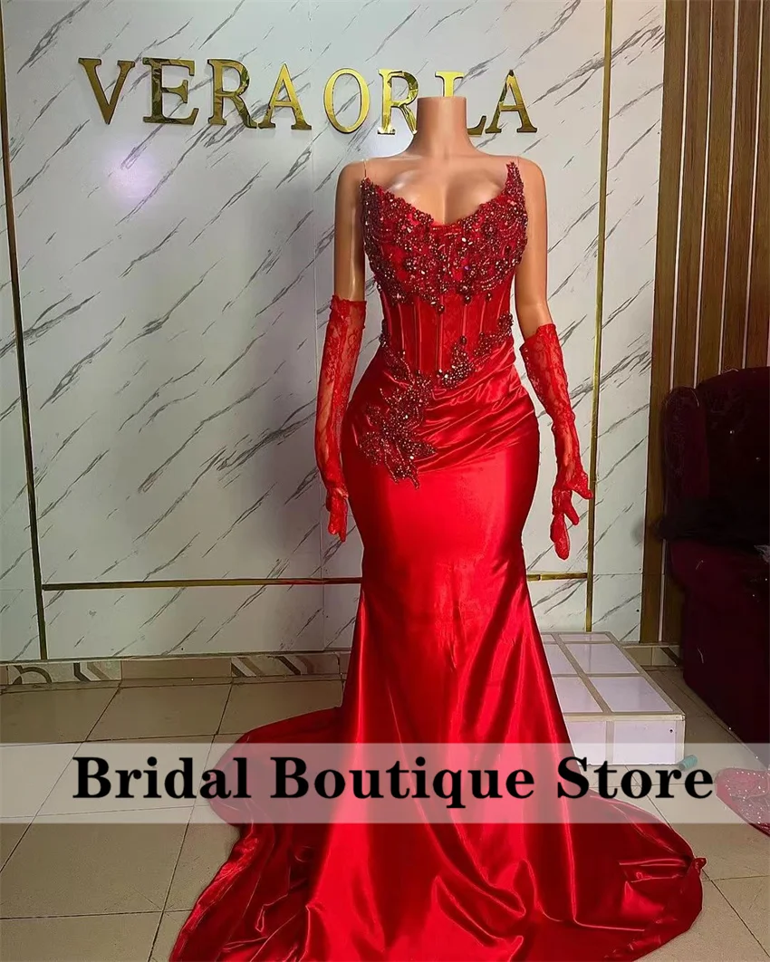 Red Diamonds Prom Dress Two Gloves Beading Rhinestones Crystals Wedding Reception Evening Gown Birthday Party Corset Customized