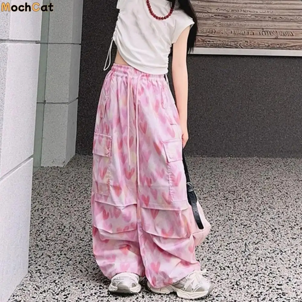 

Multi Pockets Baggy Cargo Pants Drawstring Trousers Y2k Wide Leg Pants High Waist Joggers Heart Printing Pants Girl Sports