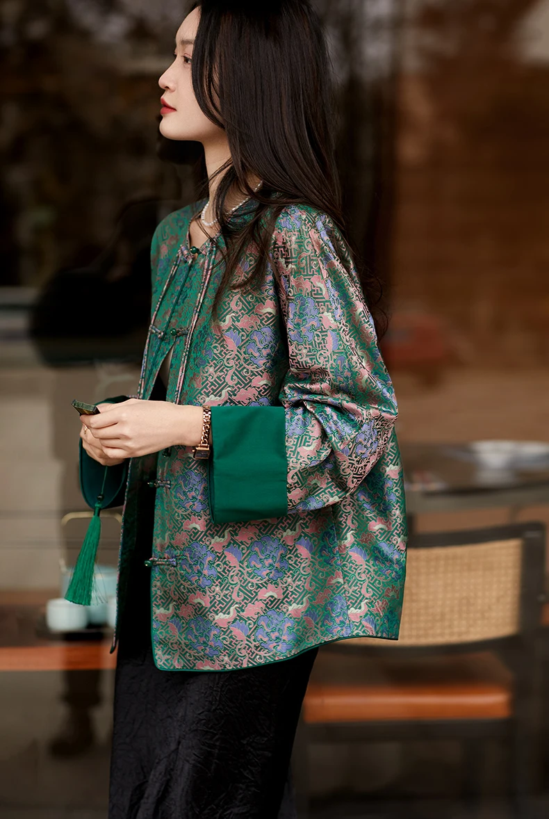 BirdTree, 100%Mulberry Silk, Elegant Coat For Women, Jacquard 6A Song Brocade, Chinese Style Jacket, 2024 Spring Autumn C49604QM