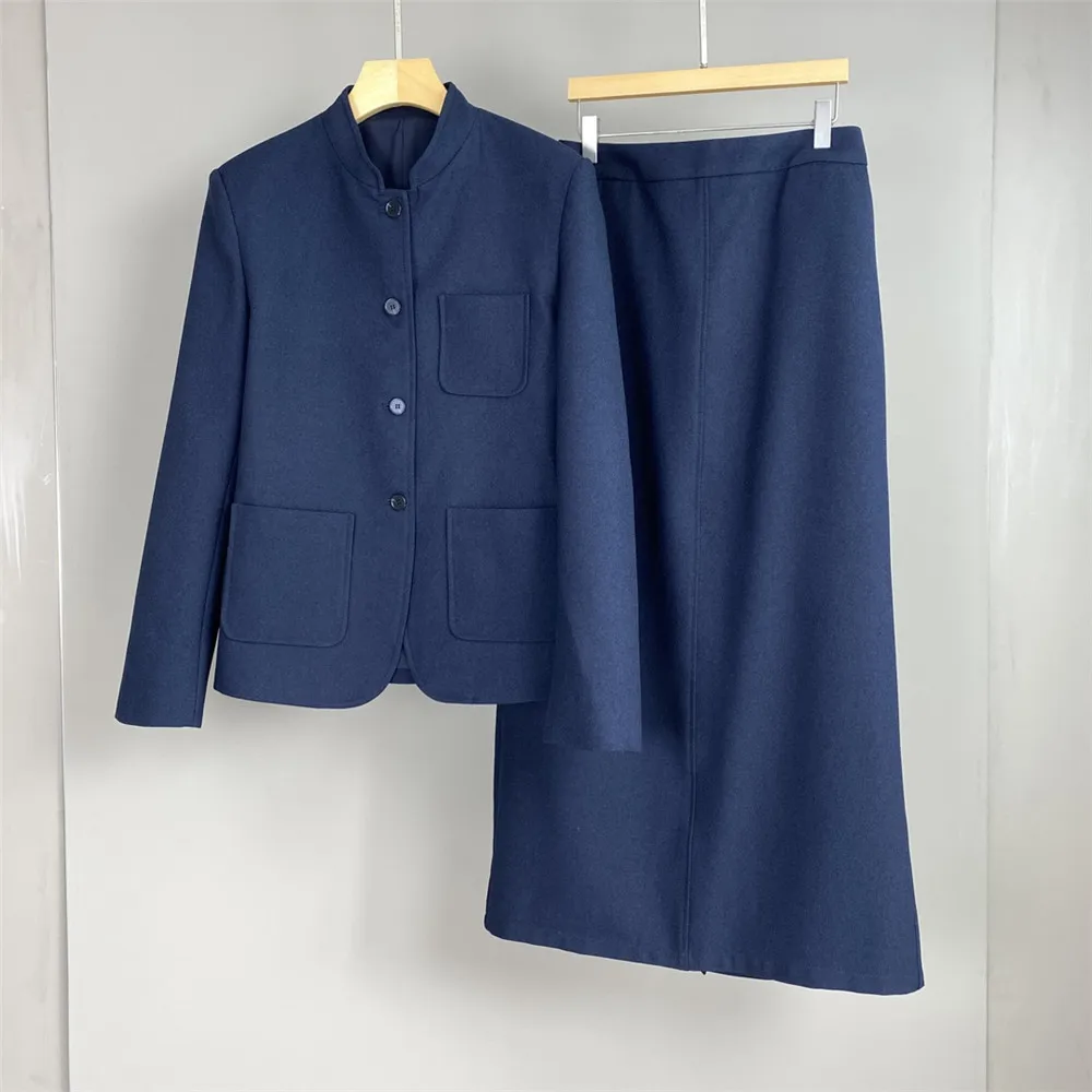 Autumn And Winter New Women's Stand up Collar Single Breasted Wool Blend Suit Jacket+High Waist Casual Versatile Half Skirt Set