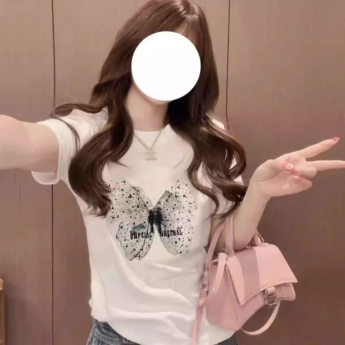 

Large Size Ironing Diamond Butterfly Printed Short-sleeved T-shirt for Women 2025 New Chic Top