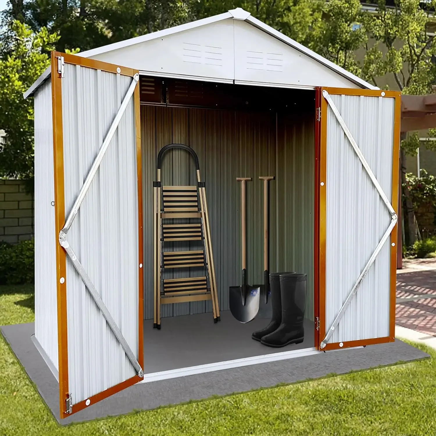 

5x3/8x6ft Outdoor Storage Shed with Metal Foundation & Lockable Doors, Tool Sheds for Garden, Patio, Lawn, Backyard - White