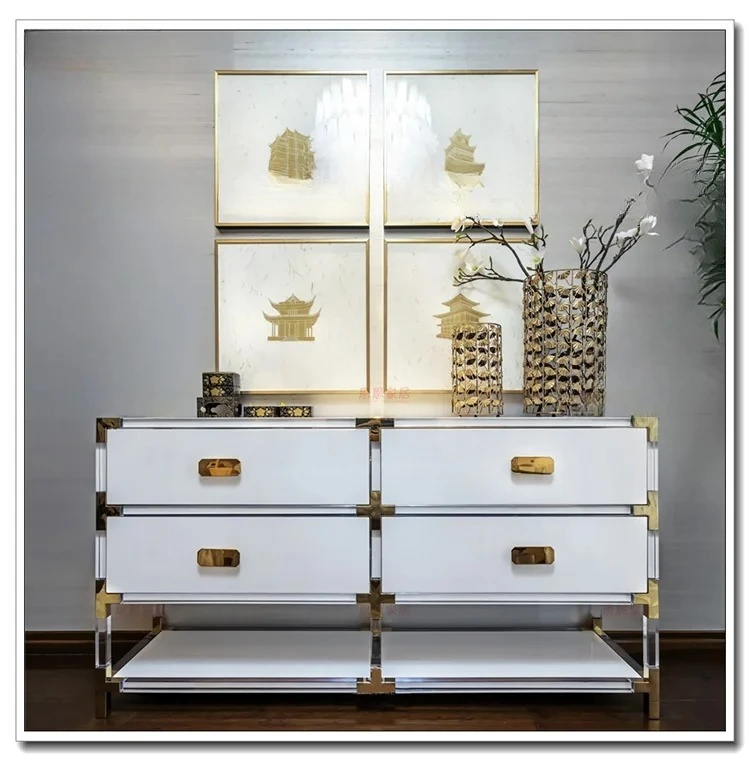

Exquisite light luxury high transparency acrylic chest gold parts model room furniture