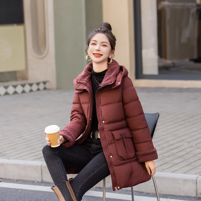 

Зимнее пальто, женская модная хлопковая куртка среднего возраста для мам средней длины, пуховая куртка с капюшоном, повседневная однотонная теплая толстая верхняя одежда, женская парка