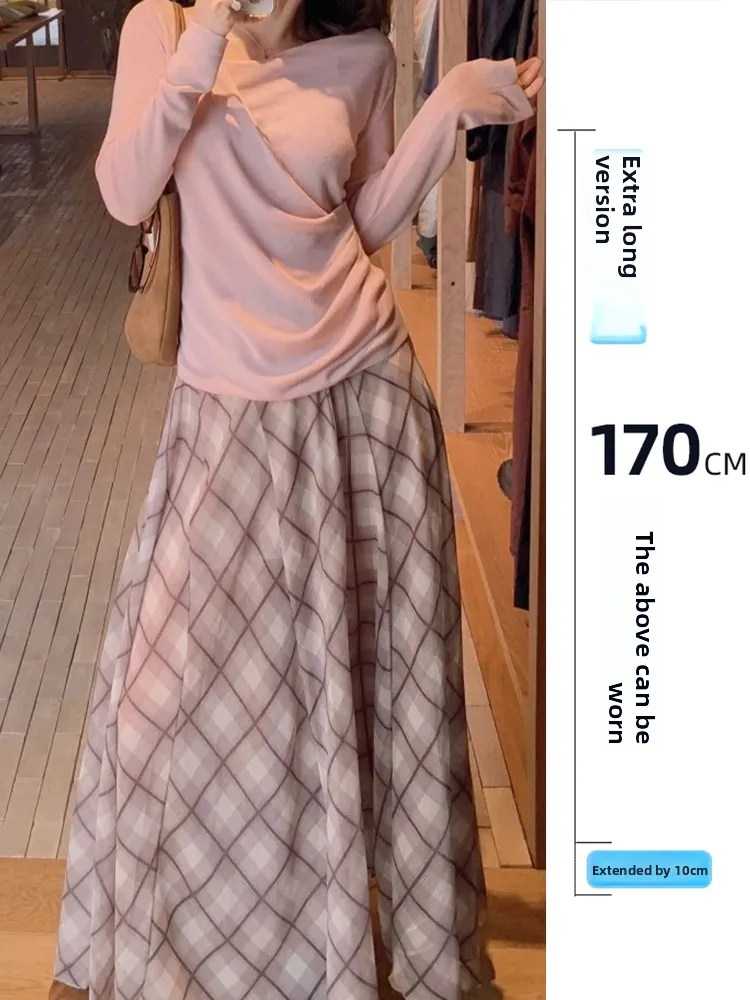 

Юбка А-силуэта с высокой талией в клетку для женщин, осенняя, универсальная, повседневная, элегантная, длинная юбка в стиле «нежный ветер»